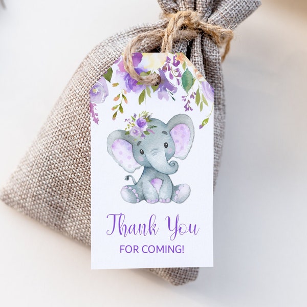 Elephant Baby Shower Thank You Tags Favor Tags Gift Tags Purple Elephant Girl Baby Shower Printable NOT Editable A79 C67