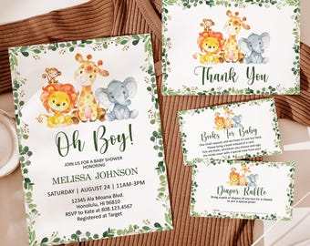 Paquete de invitaciones editables para baby shower de safari, invitación para baby shower de niño, plantilla Corjl 0128