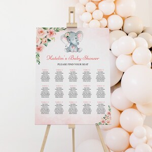 Bewerkbare zitplaatsen tabel olifant baby shower teken roze olifant meisje kleine pinda baby shower zitplaatsen teken sjabloon afdrukbare Corjl 0121