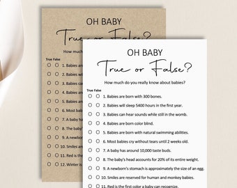 Oh Baby True or False Baby Shower Game Printable Rustic Boho Kraft Modern Minimal Woodland Baby Shower Trivia Game NOT Editable C3