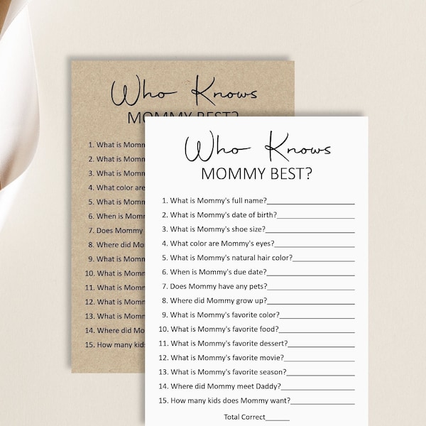 Minimalist Who Knows Mommy Best Game Baby Shower Game Simple Calligraphy Rustic Boho Baby Shower Game Printable NOT Editable C3