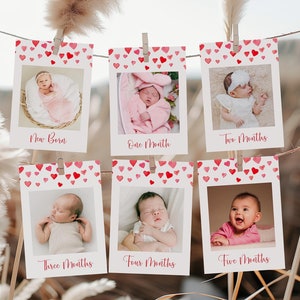 Editable Valentine First Birthday Photo Banner Template, Baby's 1st Year Monthly Milestone Cards, Corjl 0141