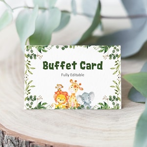 Safari jungle animaux modifiable buffet nourriture carte étiquette alimentaire table tente carte modèle de carte de lieu signe signe alimentaire Corjl 0128