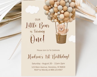 Custom Teddy Bear First Birthday Invitation Hot Air Balloon Birthday Little Bear 1st Birthday Boy First Birthday Invite  Printable A14