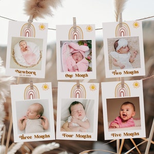 Banner fotografico modificabile arcobaleno per il primo compleanno Banner fotografico per il primo compleanno con sole Modello di biglietti fotografici per traguardi mensili Corjl 0118