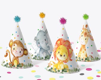 PRINTABLE Party Hats Safari Birthday Jungle Animals Birthday Wild One Birthday Party 0128