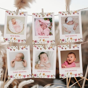 Bearbeitbare Wildblumen Erster Geburtstag Foto Banner Floral 1. Geburtstag Foto Banner Monatliche Meilenstein Fotokarten Vorlage Corjl 0123