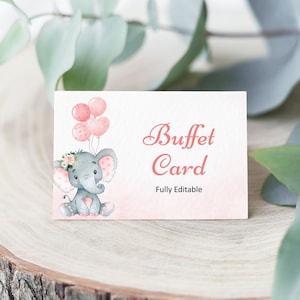 Elefante rosa modificabile buffet cibo carta etichetta cibo cartello cibo tavolo tenda carta segnaposto modello Corjl 0121