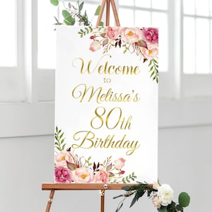 CUSTOM Rosa Blumen Geburtstag Willkommensschild Boho Willkommen Poster Geburtstag Party Dekor Goldfolie Printable Zeichen Digitale Datei A36 A37 A54