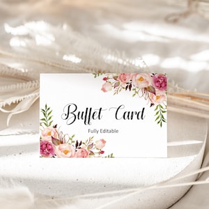 Paarse bloemen bewerkbare buffetvoedselkaart Voedseletiket Voedselbord Tafeltentkaart Plaats kaartsjabloon Corjl A36 B54 C24