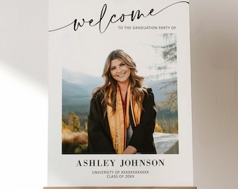 May include: Welcome to the graduation party of Ashley Johnson, University of XXXXXXXXXXXX, Class of 20XX. A photo of Ashley in her graduation gown and cap is featured on the sign.