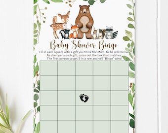 Woodland Animals Baby Shower Bingo Card, Greenery Woodland Animals Forest Baby Shower Game Printable 0120