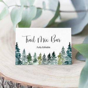 Alberi di pino boschivo modificabile Buffet Cibo Carta Etichetta Cibo Segno Cibo Tavolo Tenda Carta Segnaposto Modello Corjl A89 B96 C90