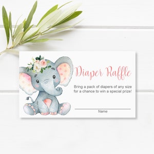 Windel-Verlosungskarten Elefant-Babyparty-Rosa- und Grau-Elefant-Babyparty-Spiel- Druckbares Blush-Rosa-Blumen NICHT bearbeitbar 0121