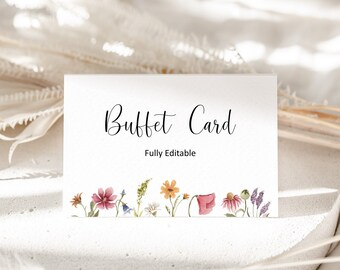 May include: A white card with the text "Buffet Card" in black cursive font and the text "Fully Editable" in black sans-serif font. The card is decorated with a border of watercolour flowers in shades of pink, yellow, and blue.