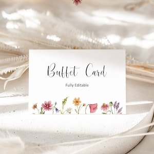 Carte de nourriture modifiable pour buffet de fleurs sauvages, étiquette de nourriture, carte de tente de table, modèle de carte de marque-place pour enseigne de nourriture, Corjl 0123