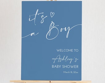 Edytowalny znak powitalny na baby shower dla chłopca, boho baby shower, minimalistyczny baby shower, niebieski plakat powitalny na baby shower do druku Corjl 0122