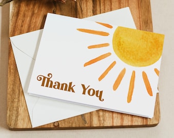 Boho Sunshine Sun Thank You Card, Sunshine Baby Shower, Trip Around The Sun Birthday, Folded Note Card Printable 0118