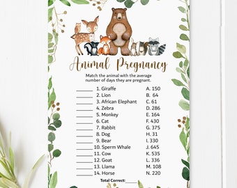 Zwangerschapsspel met dieren, spel over de draagtijd van dieren, babyshower met bosdieren, printbaar (niet bewerkbaar) 0120