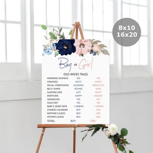 Old Wives Tales Sign Guess Boy or Girl Gender Reveal Party Game Printable Navy Blue and Blush Pink Floral NOT Editable C98