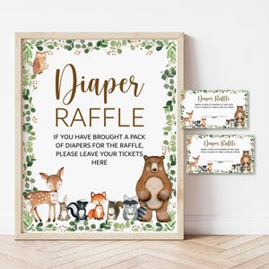 Diaper Raffle Tickets and Sign Woodland Baby Shower Game Greenery Woodland Animals Forest Baby Shower Printable NOT Editable 0120 image 1