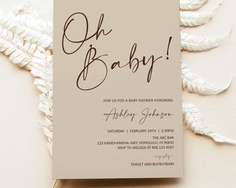 Editable Oh Baby Shower Invitation Gender Neutral Baby Shower Invitation Minimalist Brown Baby Shower Invite Template Corjl 0122