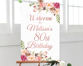 CUSTOM Pink Floral Birthday Welcome Sign Boho Welcome Poster Birthday Party Decor Rose Gold Foil Printable Sign Digital File A36 A37 A54