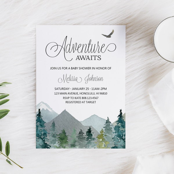 CUSTOM Adventure Mountain Baby Shower Invitation Adventure Awaits Baby Shower Invite Gender Neutral Baby Shower Printable Digital File C90