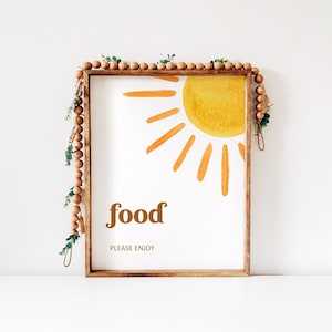 Sun Party Food Table Sign 1e reis rond de zon Sunshine verjaardag Here Comes The Sun Baby Shower Decor afdrukbare, niet bewerkbare 0118