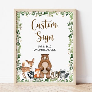 Cartello personalizzato modificabile con animali del bosco, cartello per baby shower con animali della foresta, cartello da tavolo neutro di genere, stampabile Corjl 0120