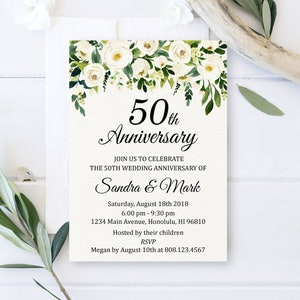 Any Year Greenery Anniversary Invitation Wedding Anniversary Invitation White Floral Custom Printable Invite Digital File W2