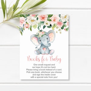 Boeken voor babyolifant babyshower Breng een boek mee in plaats van een kaart Boekverzoek Insteekkaart Blush Pink NOT bewerkbaar 0121