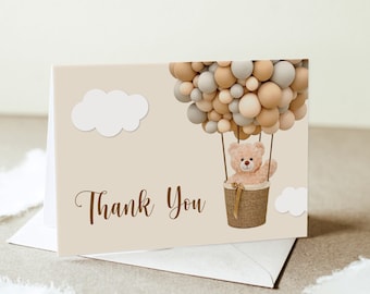 Teddy Bear Thank You Cards Beary Birthday Hot Air Balloon Bear Baby Shower Folded Note Cards Printable A14 C14