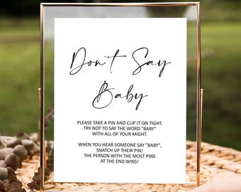 Edytowalny szablon na grę "Don't Say Baby Clothes Spinacz" na baby shower, minimalistyczny i nowoczesny znak na baby shower Corjl 0122