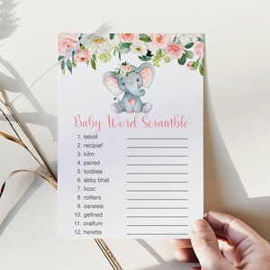 Elephant Baby Shower Word Scramble Elephant Baby Shower Game Printable Blush Pink Floral NOT Editable 0121