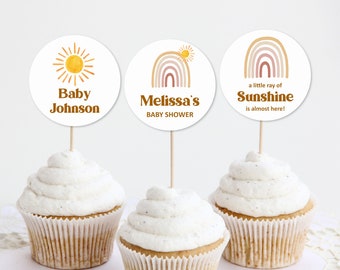 Décoration de cupcakes modifiables soleil baby shower Boho arc-en-ciel baby shower rayon de soleil Baby Shower Decor imprimable Corjl 0118