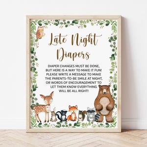 Woodland Baby Shower Late Night Diapers Sign Woodland Animals Printable 0120