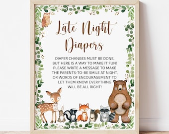 Woodland Baby Shower Late Night Diapers Sign Woodland Animals Printable 0120
