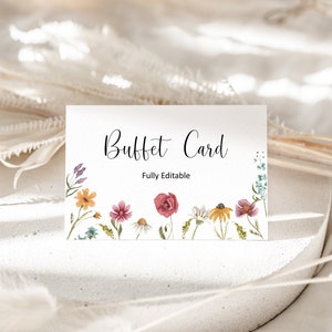 Carte de nourriture modifiable pour buffet de fleurs sauvages, étiquette de nourriture, carte de tente de table, modèle de carte de marque-place pour enseigne de nourriture, Corjl 0123