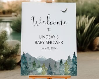 Custom Adventure Mountain babyshower en vrijgezellenfeest welkomstbord – Afdrukbaar bosthema feestdecor C90