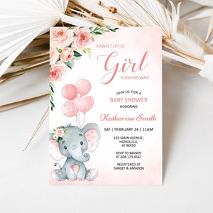 Editable Pink Elephant Baby Shower Invitation Template Pink Balloon Floral Baby Elephant Baby Shower Invite Printable Corjl 0121