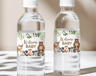 Woodland babyshower waterflesetiket afdrukbaar, groen bosdieren wateretiket 0120
