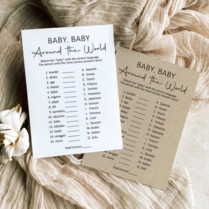 Baby Around The World Baby Shower Game Printable, Minimalist Rustic Boho Kraft, Baby In Different Languages Game C3