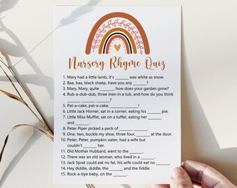 Nursery Rhyme Quiz Rainbow Baby Shower Game Boho Baby Shower Boho Rainbow Modern Earth Tone Terracotta Printable Game NOT Editable C6