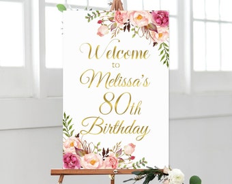 Panneau de bienvenue floral rose, affiche de bienvenue bohème, décoration de fête d'anniversaire, feuille d'or à personnaliser fichier numérique A36 A37 A54