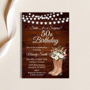 Convite personalizado de 50º aniversário de cowgirl para mulheres, tema country rústico, com tema country e botas de cowboy florais, convite para impressão A3