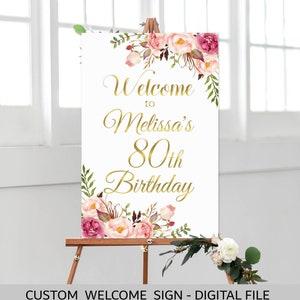 Pink Floral Birthday Welcome Sign Boho Welcome Poster Birthday Party Decor Gold Foil Customize Printable Sign Digital File A36 A37 A54