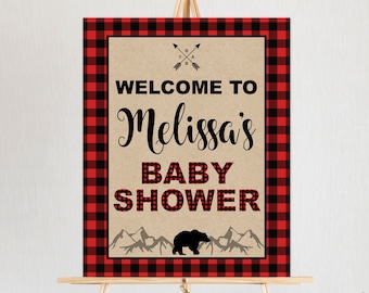 Lumberjack Baby Shower Welcome Sign Welcome Poster Buffalo Plaid Little Bear Baby Shower Decorations Custom Digital File C19