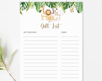 Gift Tracking List - Safari Jungle Animals Baby Shower / Birthday Printable 0127