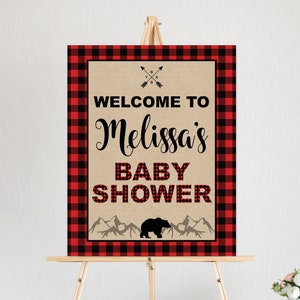 Lumberjack Baby Shower Welcome Sign Welcome Poster Buffalo Plaid Little Bear Baby Shower Decorations Custom Digital File C19